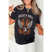 Black Guitar Wings Slogan Print Crew Neck T Shirt