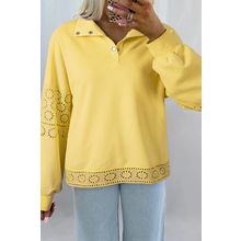 Yellow Cream Embroidered Flower Patchwork Snap Buttons Pullover Sweatshirt