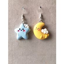 Blue Star And Yellow Moon Dangle Earrings Silver Plated