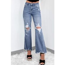 Dusk Blue High Rise Ripped Distressed Hem Flared Jeans