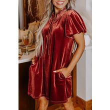Cinnamon Velvet Smocked Neckline Puff Sleeve Shift Mini Dress