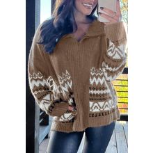 Brown Western Printed Ribbed Trim Collared Zip up Cardigan