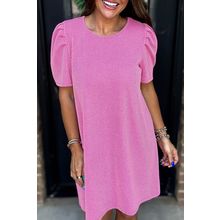 Bright Pink Corded Knit Crew Neck Puff Sleeve Shift Mini Dress
