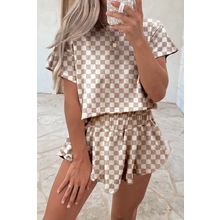 Brown Checkerboard T Shirt and High Waist Skorts 2 Piece Outfit