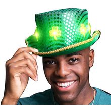LED Green Clover Ultimate Sequin Plush Irish Top Hat with Shamrocks for St. P...