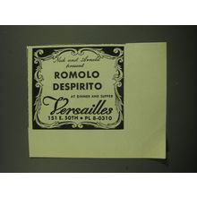 1949 Versailles Club Ad - Nick and Arnold present Romolo Despirito at Dinner