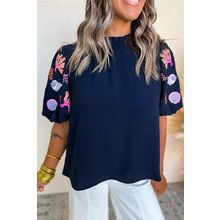 Sail Blue Shellfish Coral Embroidery Puff Sleeve Frilled Neck Blouse