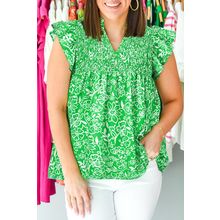 Green Floral Flutter Sleeve Shirred Notched Neck Plus Size Blouse