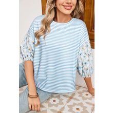 Sky Blue Stripe Floral Three Quarter Sleeves Patchwork Drop Shoulder Top