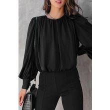 Black Padded Shoulder Buttoned Cuffs Pleated Loose Blouse