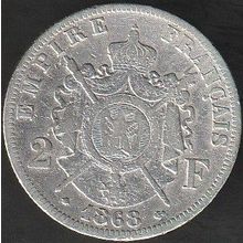 1868 A France 2 Francs Silver Coin