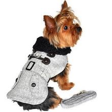 Grey Herringbone Dog Coat Harness with Matching Leash Medium