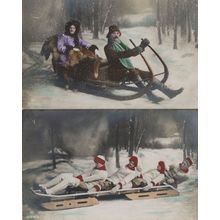 Family Bobsleigh Snow Sheepskin Fur Coats 2x Old Postcard s