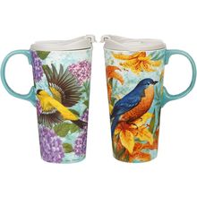 CEDAR HOME Coffee Ceramic Mug Porcelain Latte Tea Cup with Lid 17Oz. Goldfinches