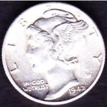 1942 D USA 10 Cents Silver Coin Mercury