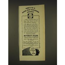 1937 Myer's Rum Ad - recipe for Egg Nog - Here's to a good old fashioned Holiday