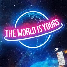 The World Is Yours Neon Sign with Remote Dimmer, Ice Blue Pink Planet LED Neon L