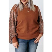 Brown Plus Size Printed Splicing Sleeve Ribbed Trim Sweater