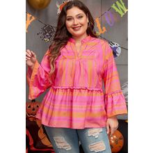 Vitality Orange Plus Size Geometric Embroidered Bell Sleeve Babydoll Blouse