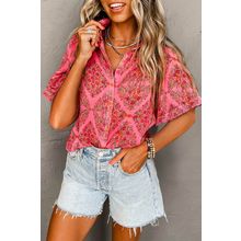 Rose Red Floral Print Wide Short Sleeve Loose Shirt
