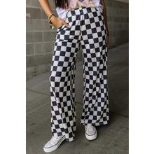 Black 2-Tone Checked Print High Waist Wide Leg Pants