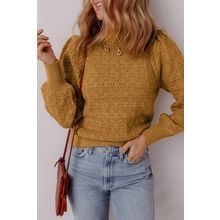 Jurassic Gold Hollow Out Crochet Ribbed Edge Balloon Sleeve Sweater