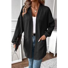 Black Textured Knit Side Pockets Open Front Cardigan