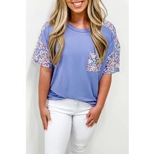 Sky Blue Floral Patchwork Chest Pocket Crewneck Plus Size T Shirt