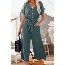 Blue Dolman Button Belted V Neck Wide Leg Pocketed Jumpsuit