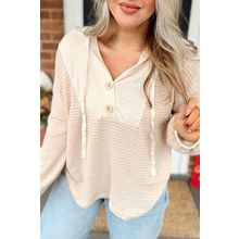 Oatmeal Waffle Patchwork Drop Shoulder Hooded Long Sleeve Top