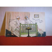 LAST IN BED, HUMOUR unused antique postcard by Davidson , =