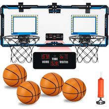 Indoor Double Shot Basketball Hoop - Over-The-Door Wall Mount with LED Light & E