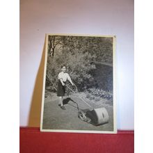boy with push lawnmower photograph c.1940s =