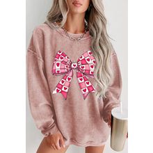 Pink Valentines Heart Checkered Bow Pattern Corded Baggy Sweatshirt