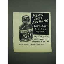 1953 McCormick Iron Glue Ad - Mends Most Anything