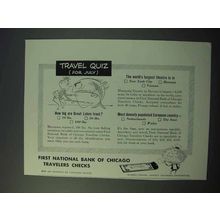 1953 First National Bank of Chicago Travelers Checks Ad