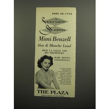1952 The Plaza Hotel Ad - Persian Room Mimi Benzell