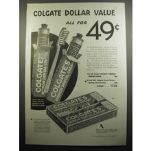 1933 Colgate Dental Cream and Toothbrush Ad - Colgate Dollar Value all for 49¢