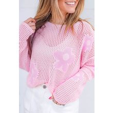 Light Pink Big Flower Hollowed Knit Drop Shoulder Sweater