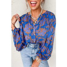 Blue Floral Print Batwing Sleeve Buttoned Loose Fit Shirt