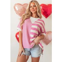 Pink Stripe Patchwork Textured Short Sleeve High Low Loose Top