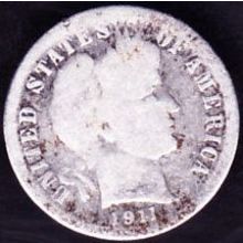 1911 D USA 10 Cents Silver Coin Barber