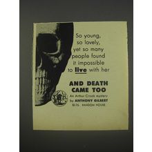 1956 Random House Book Advertisement - And Death Came Too by Anthony Gilbert