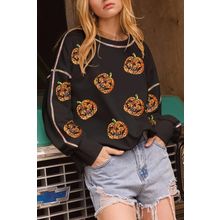 Black Sequin Pumpkin Face Graphic Exposed Seam Halloween Sweatshirt