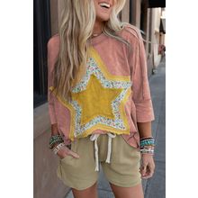 Rose Tan Floral Starbust Exposed Seam Mineral Wash Top