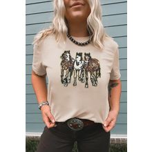 Khaki Sequin Horses Patched Casual Crewneck T Shirt