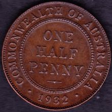 1932 Australia 1 Half Penny Coin