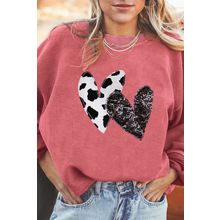 Strawberry Pink Leopard Sequin Heart Graphic Corded Sweatshirt