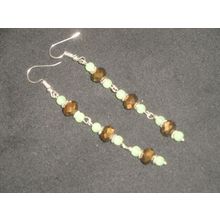 Bronze plate & pale green crystal glass long swing earrings