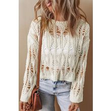White Cut Out Crochet Crew Neck Loose Fit Sweater